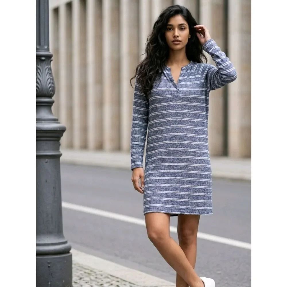 LOFT | Lou & Grey Supersoft Striped Knit Henley Dress Cozy Chic Lounge | Small